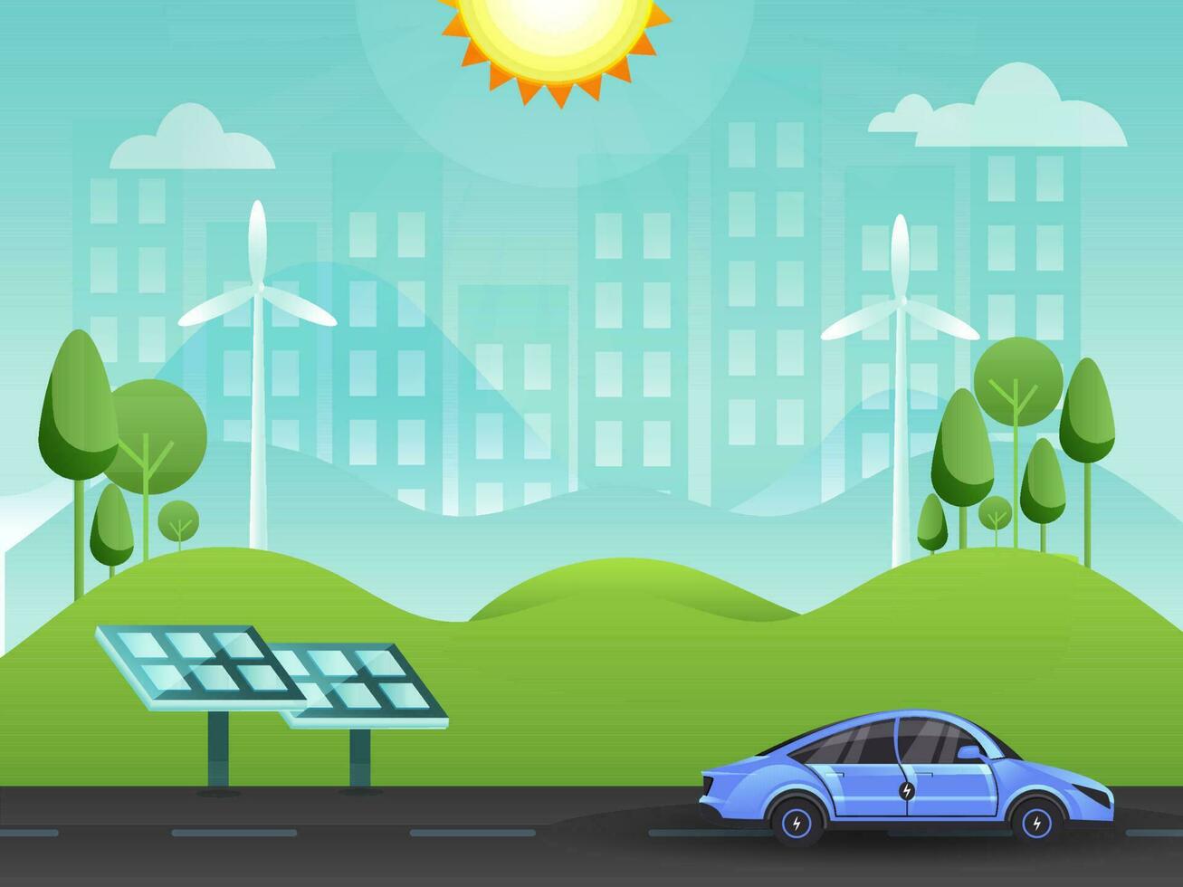 eco simpático verde ciudad antecedentes con solar panel, vehículo la carretera y luz solar. vector