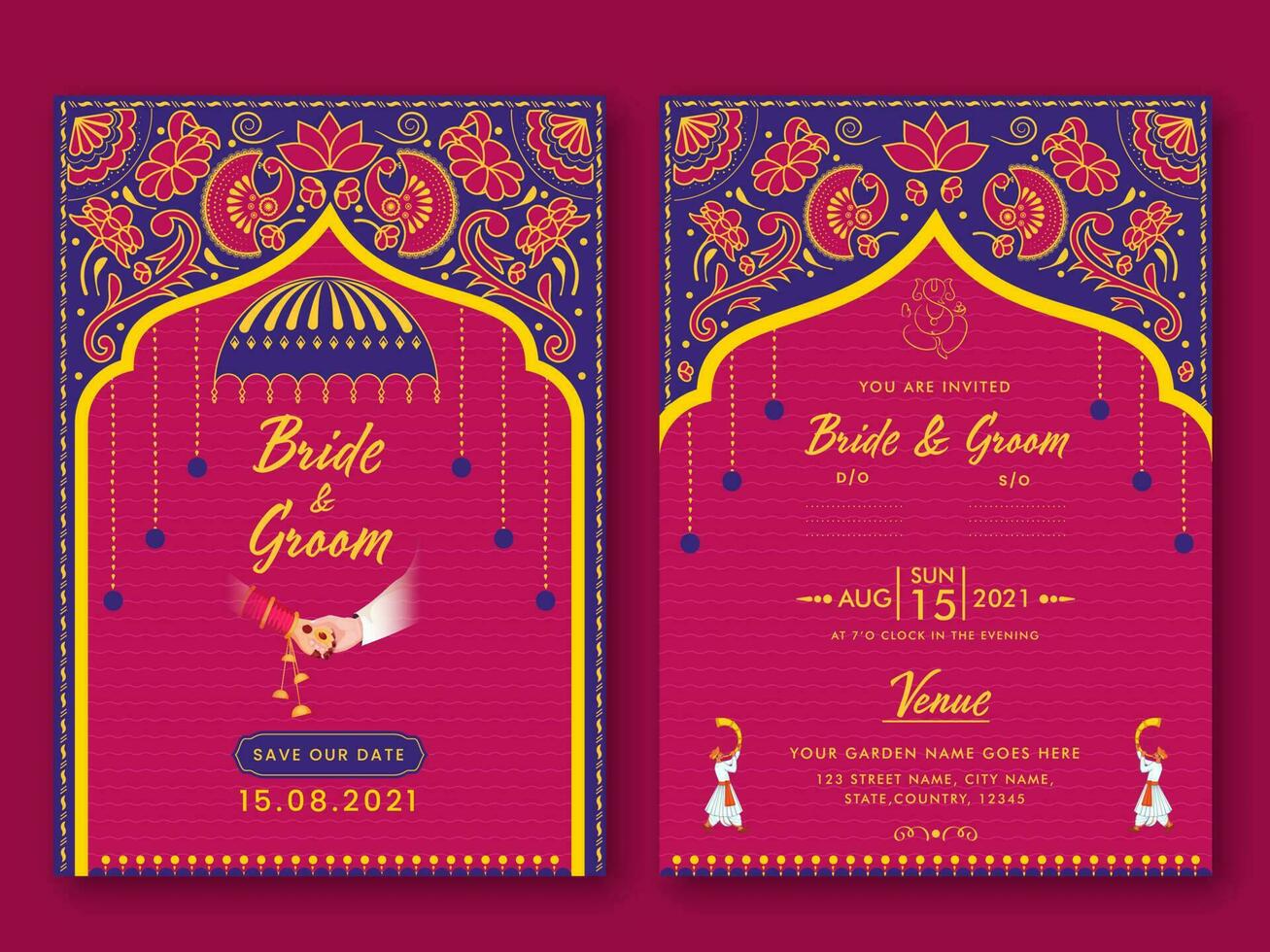 Indian Wedding Invitation Template Layout With Event Details In Pink And Blue Color. vector