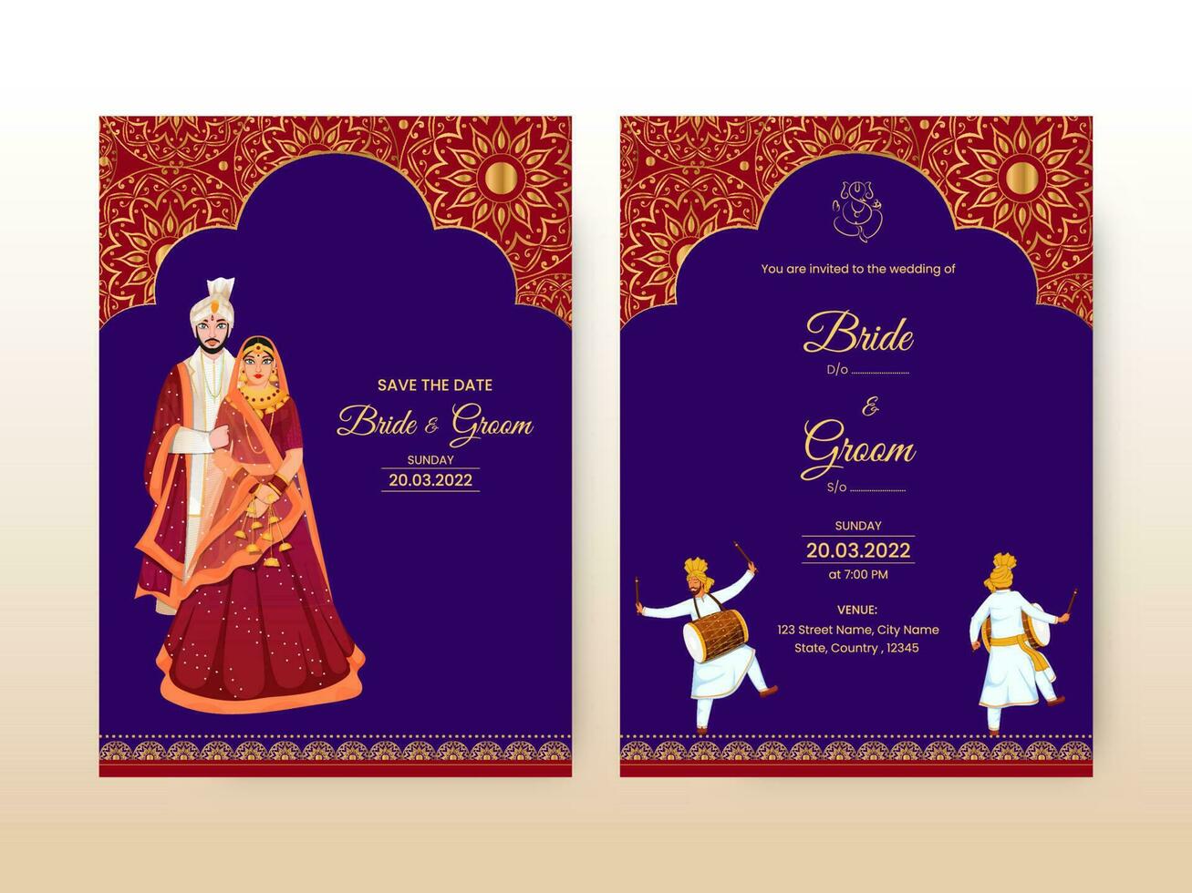 Floral Wedding Invitation Card With Indian Bridegroom Character In Front And Back View. vector