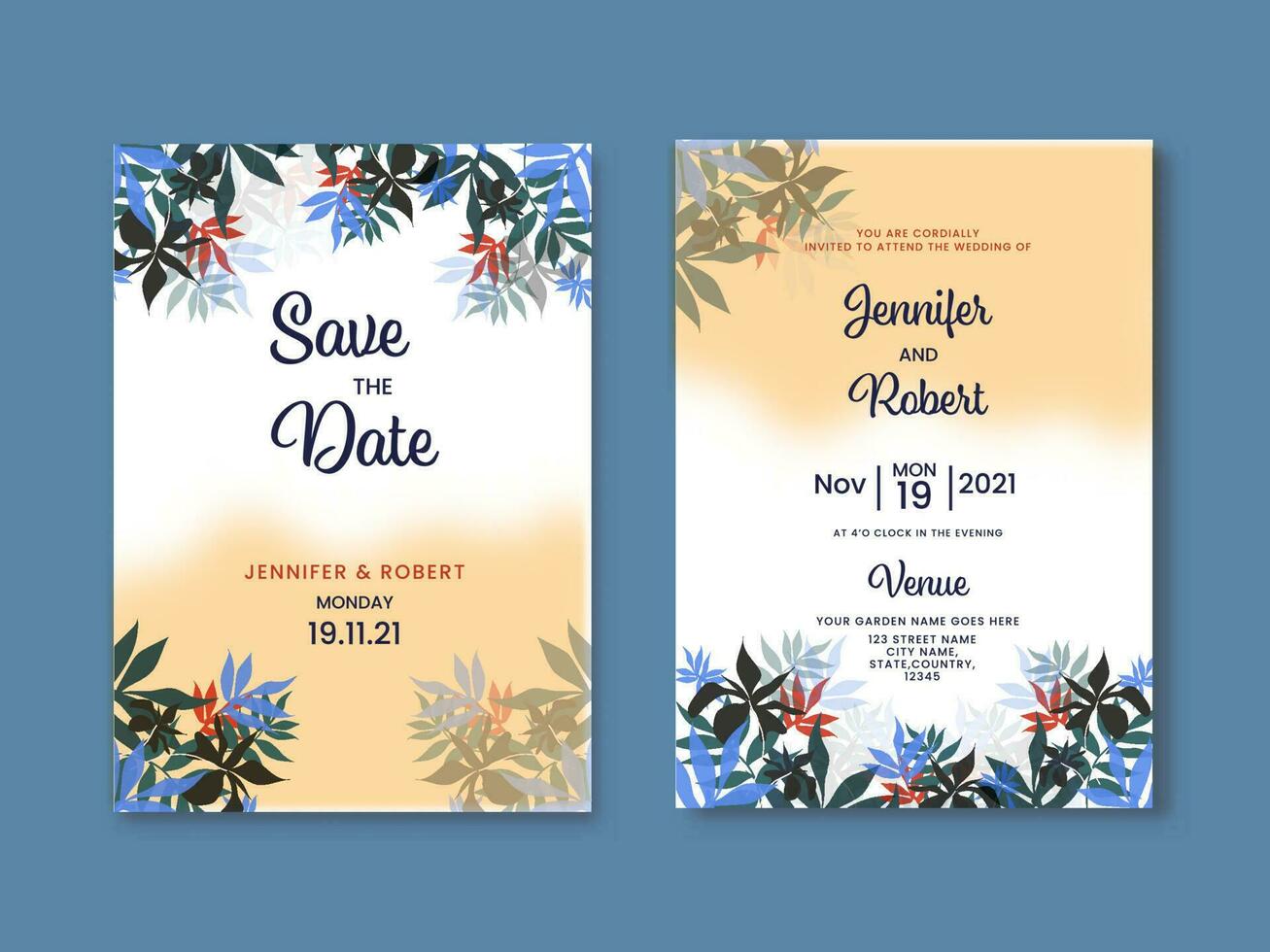 floral Boda invitación tarjeta y salvar el fecha modelo en azul antecedentes. vector