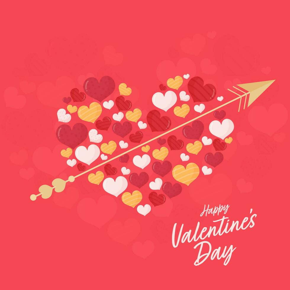 Big Heart Made Of Small Hearts With Golden Arrow on Red Background For Happy Valentine's Day Concept. vector