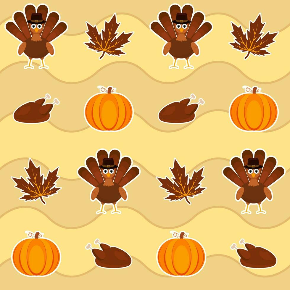 Yellow Wave Stripe Background Decorated With Thanksgiving Element In Sticker Style. vector