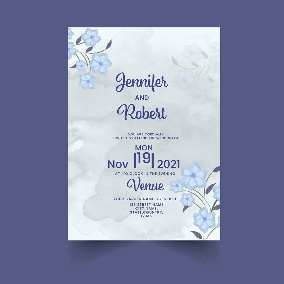 Floral Wedding Invitation Card With Watercolor Effect In Gray And Blue Color. vector