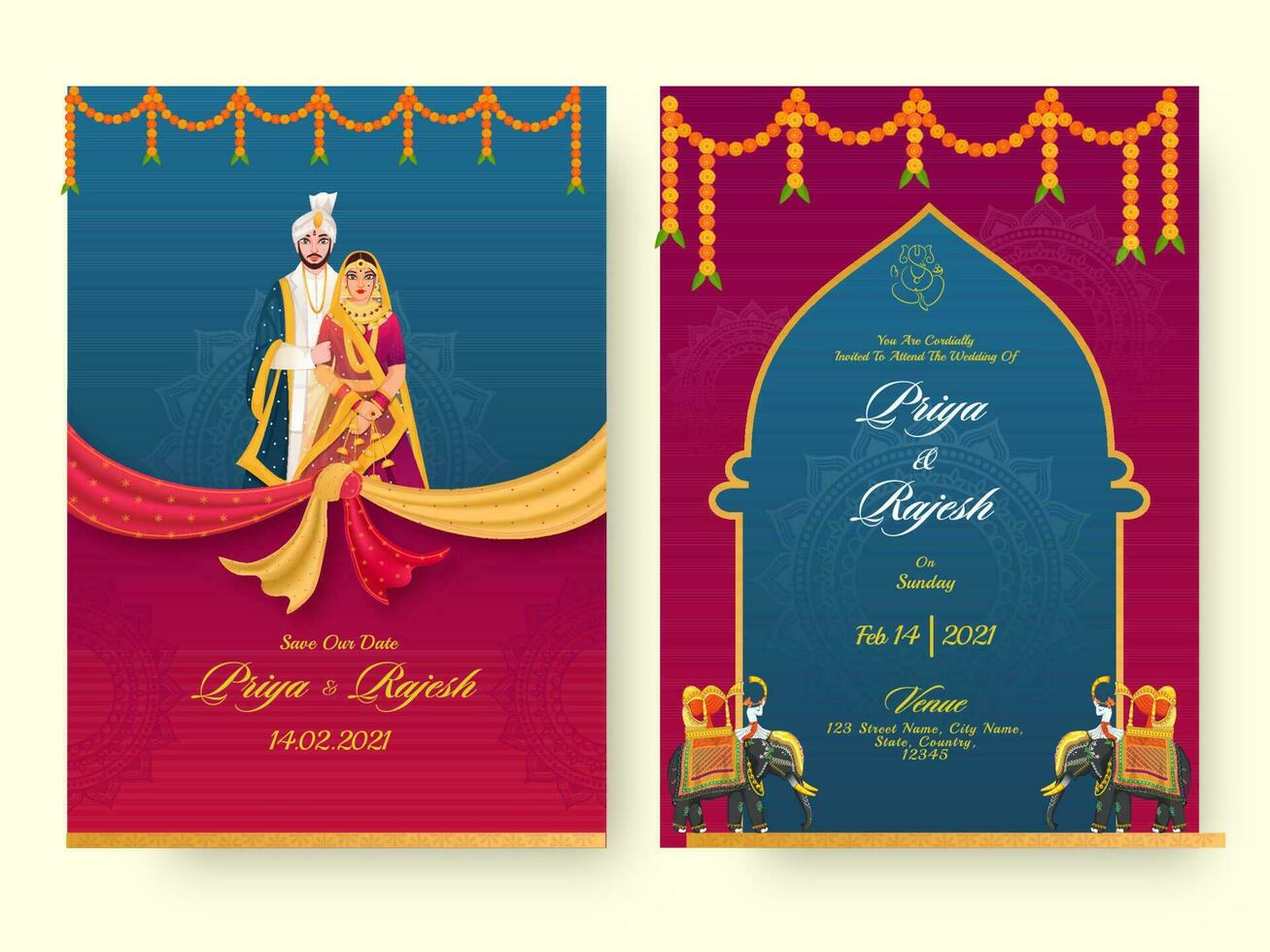 Indian Wedding Invitation Card Template Layout With Hindu Couple And Event Details. vector