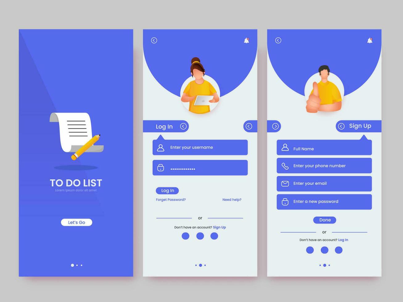 Mobile App UI, UX, GUI Set Of User Registration Daily Work List Screen ...