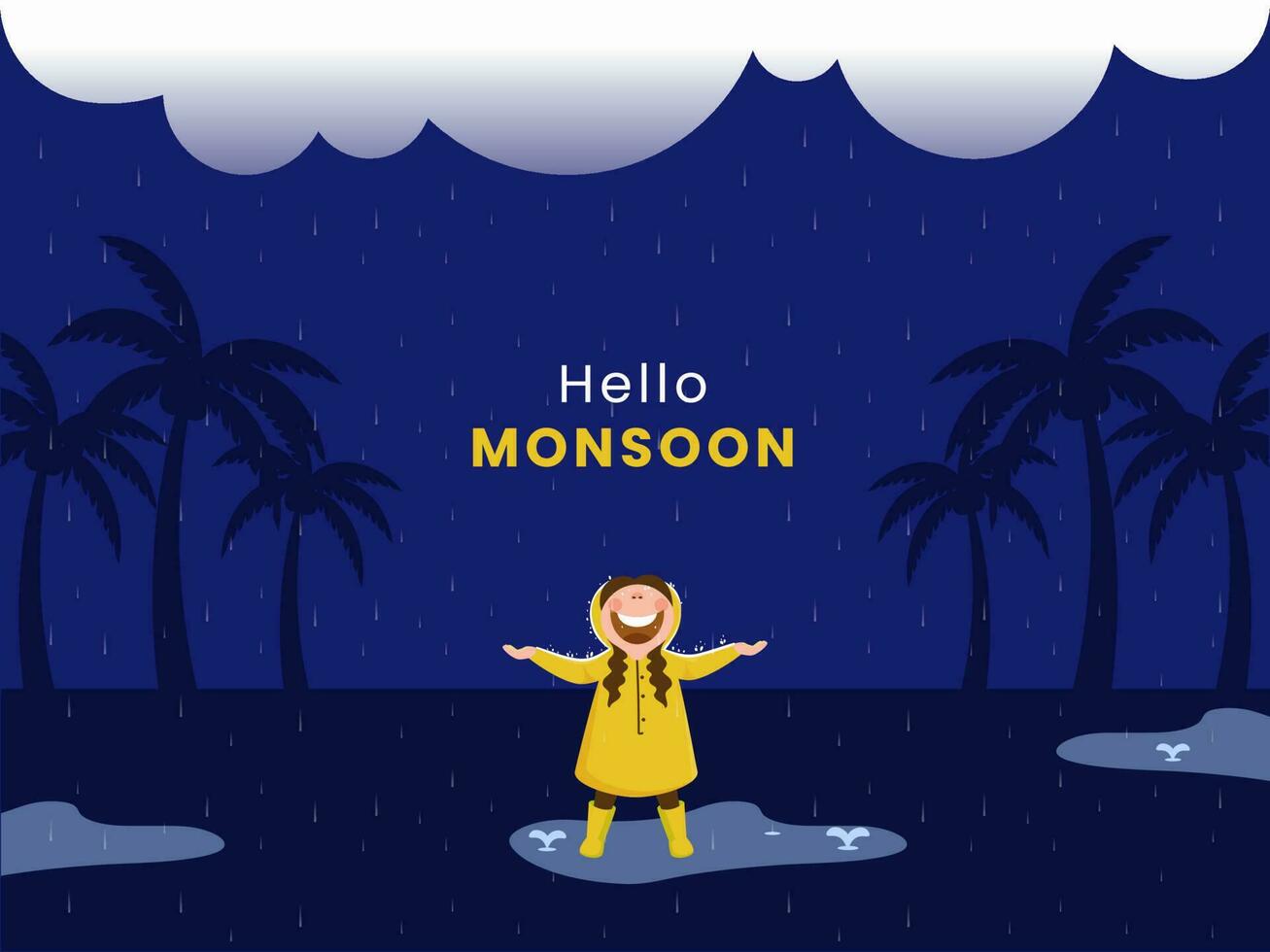 Hello Monsoon Background With Cheerful Young Girl Enjoying Rainfall And Silhouette Coconut Trees. vector