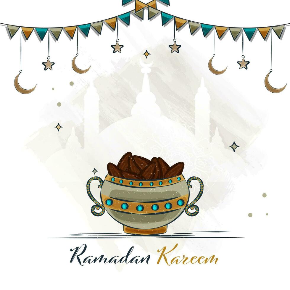 Ramadán kareem concepto con cuenco lleno de fechas, creciente lunas, estrellas colgar y verderón banderas en blanco silueta mezquita grunge antecedentes. vector