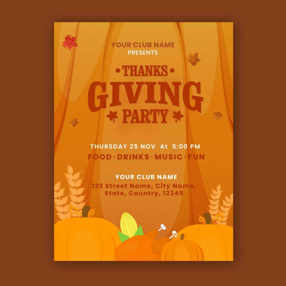 Thanksgiving Party Flyer Design With Pumpkins, Corn, Wheat Ear And Roasted Chicken On Orange Background. vector