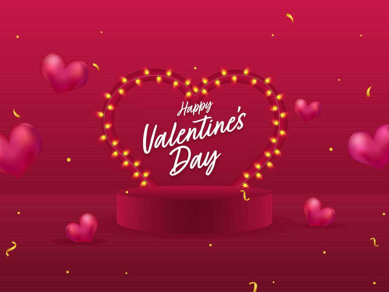 Happy Valentine's Day Font With Heart Shape Lighting Garland And 3D Podium On Dark Pink Background. vector