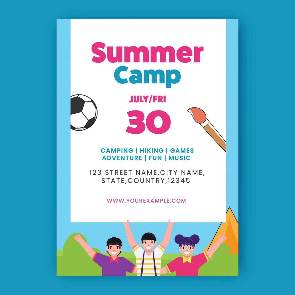 Summer Camp Flyer Design With Cheerful Children And Venue Details In White And Blue Color. vector
