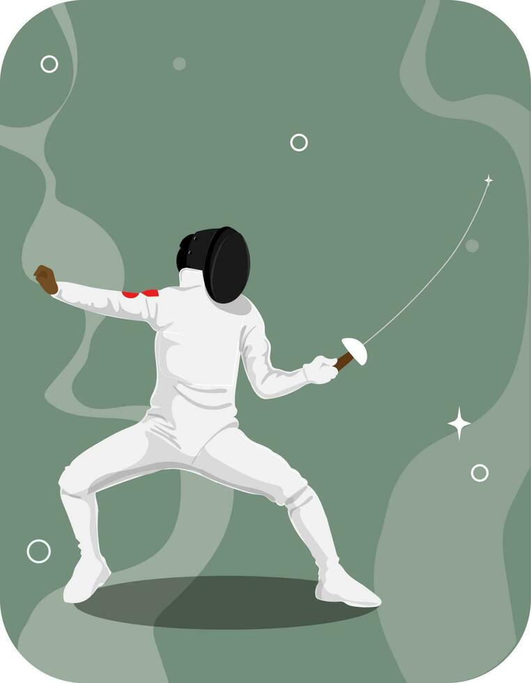 Human Wear Fencing Suit Practicing With Sword Against Green Background. vector