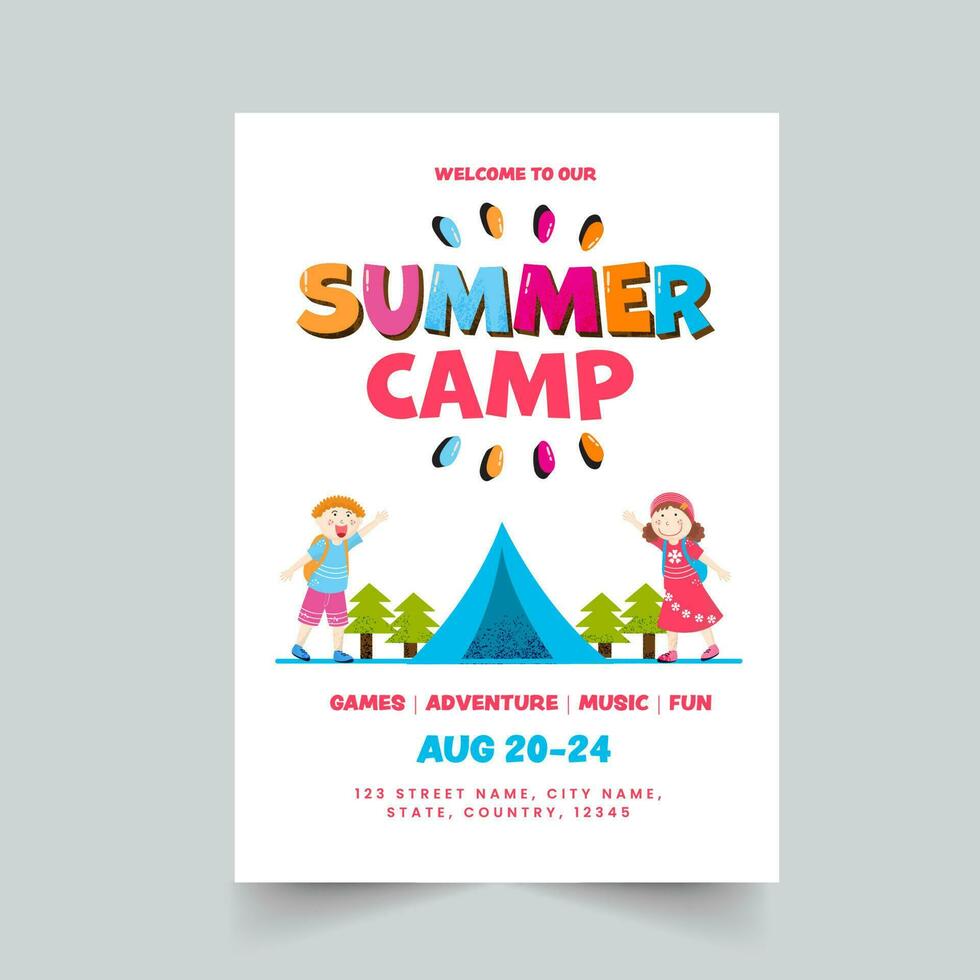 Summer Camp Poster Or Template Design With Event Details In White Color. vector