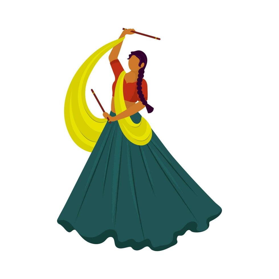 dibujos animados indio mujer jugando con dandiya palos en blanco antecedentes. vector