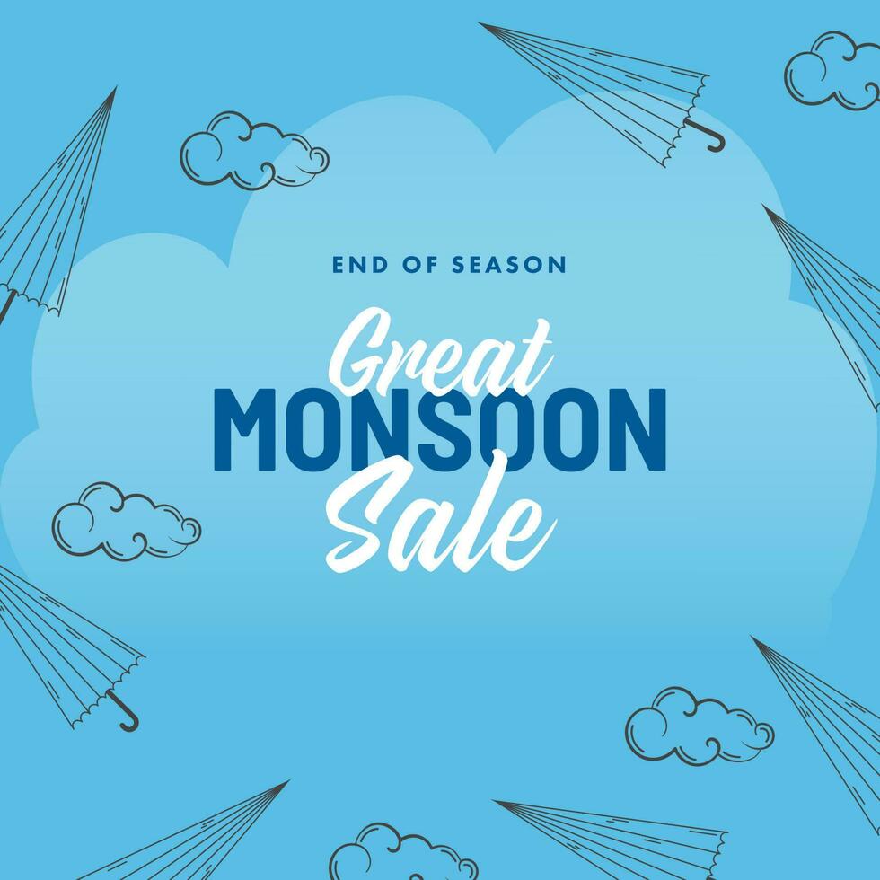 Great Monsoon Sale Poster Design Decorated With Linear Style Umbrella And Clouds On Blue Background. vector