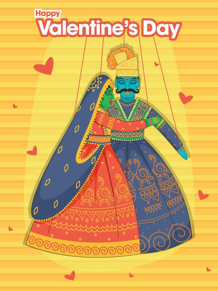 contento San Valentín día saludo tarjeta con Rajasthani marioneta Pareja cuerda en amarillo y naranja raya modelo antecedentes. vector