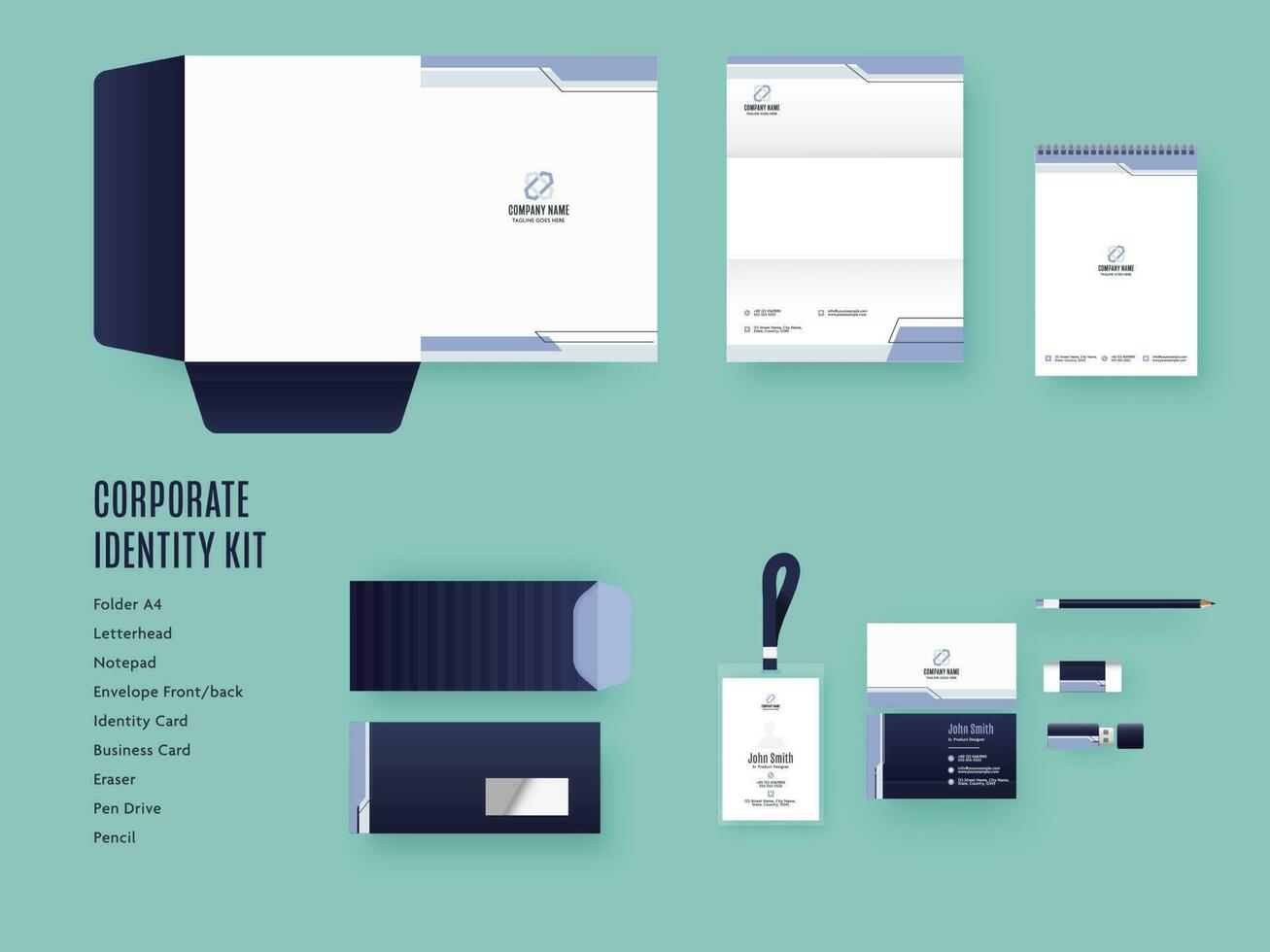 Presentation Corporate Identity Kits In White And Blue Color For Business Sector. vector