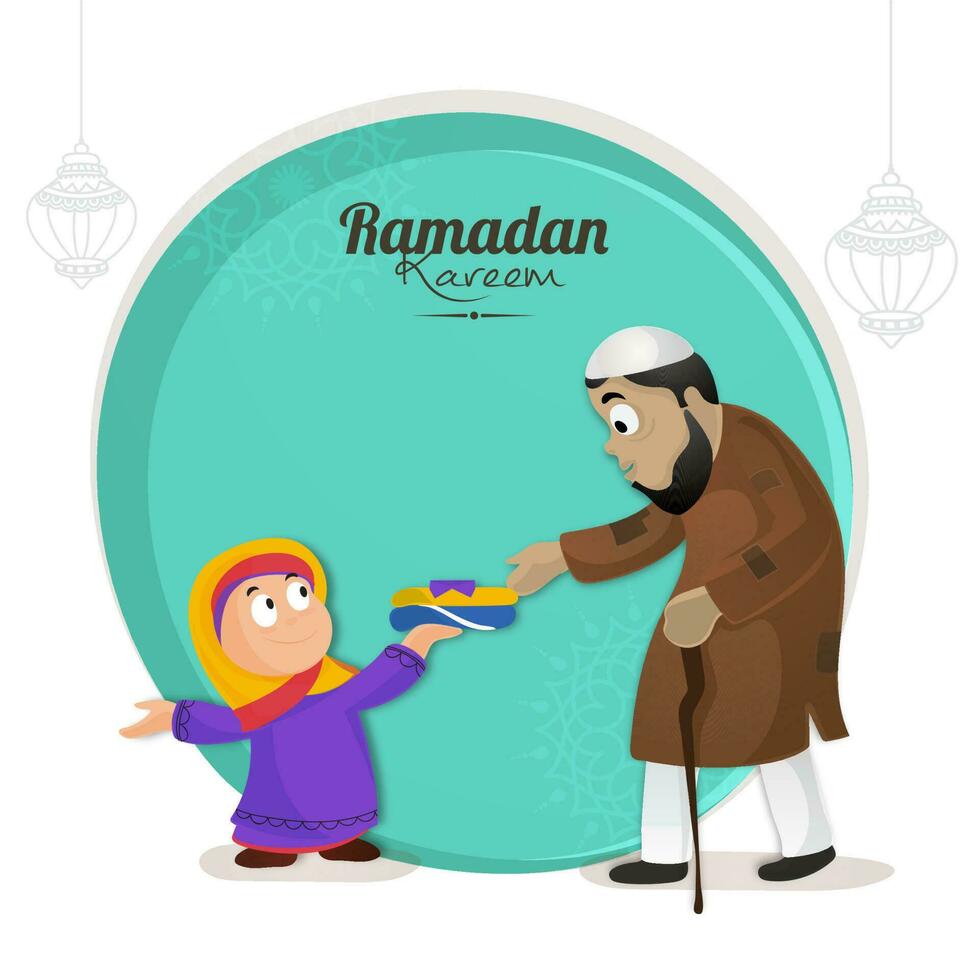 Cartoon Muslim Girl Offering Clothes To Poor Man On Turquoise And White Background For Ramadan Kareem Concept. vector