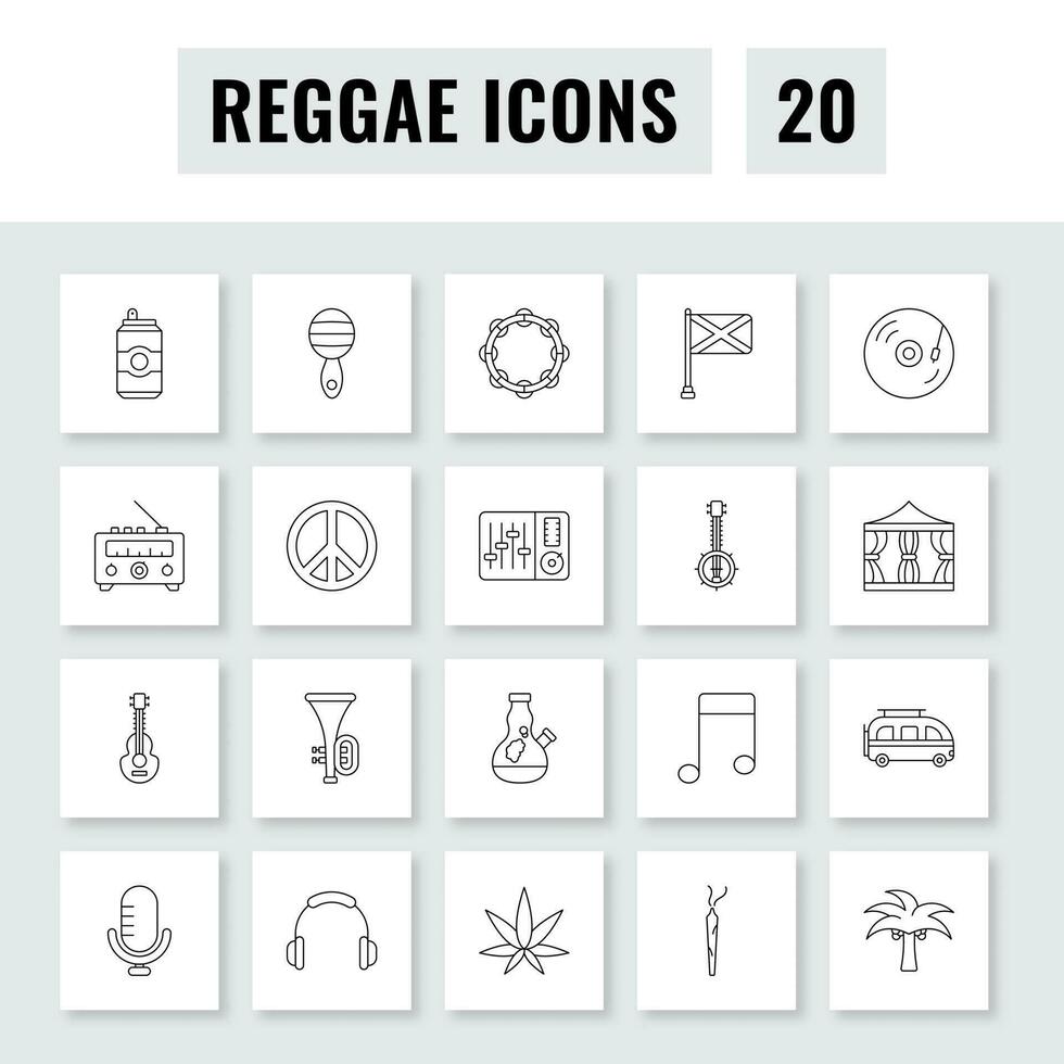 Black Outline Illustration Of 20 Reggae Square Icon Set. vector