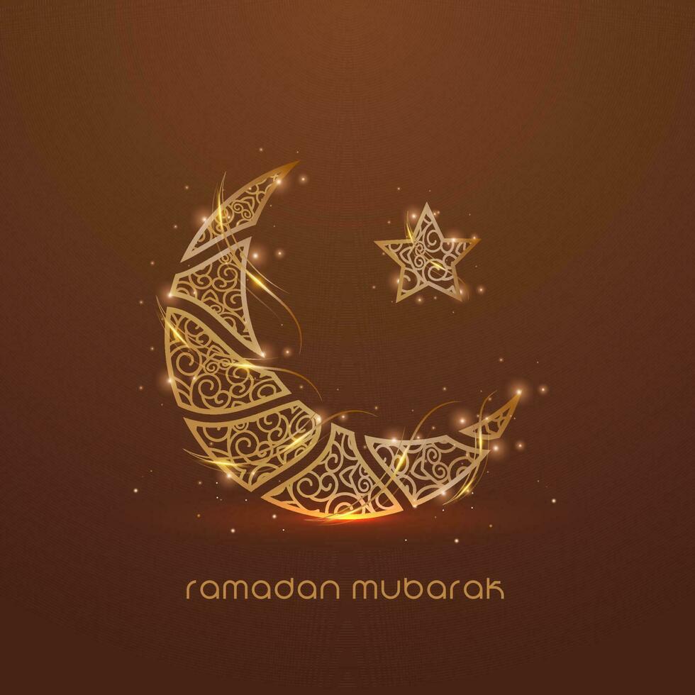 Ramadan Mubarak Concept With Golden Ornament Crescent Moon, Star And Lights Effect On Brown Background. vector