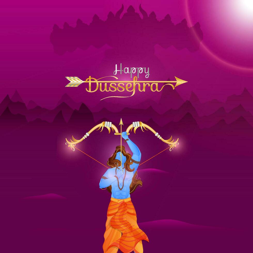 Happy Dussehra Lettering With Lord Rama Taking An Aim On Purple Silhouette Demon Ravana Background. vector