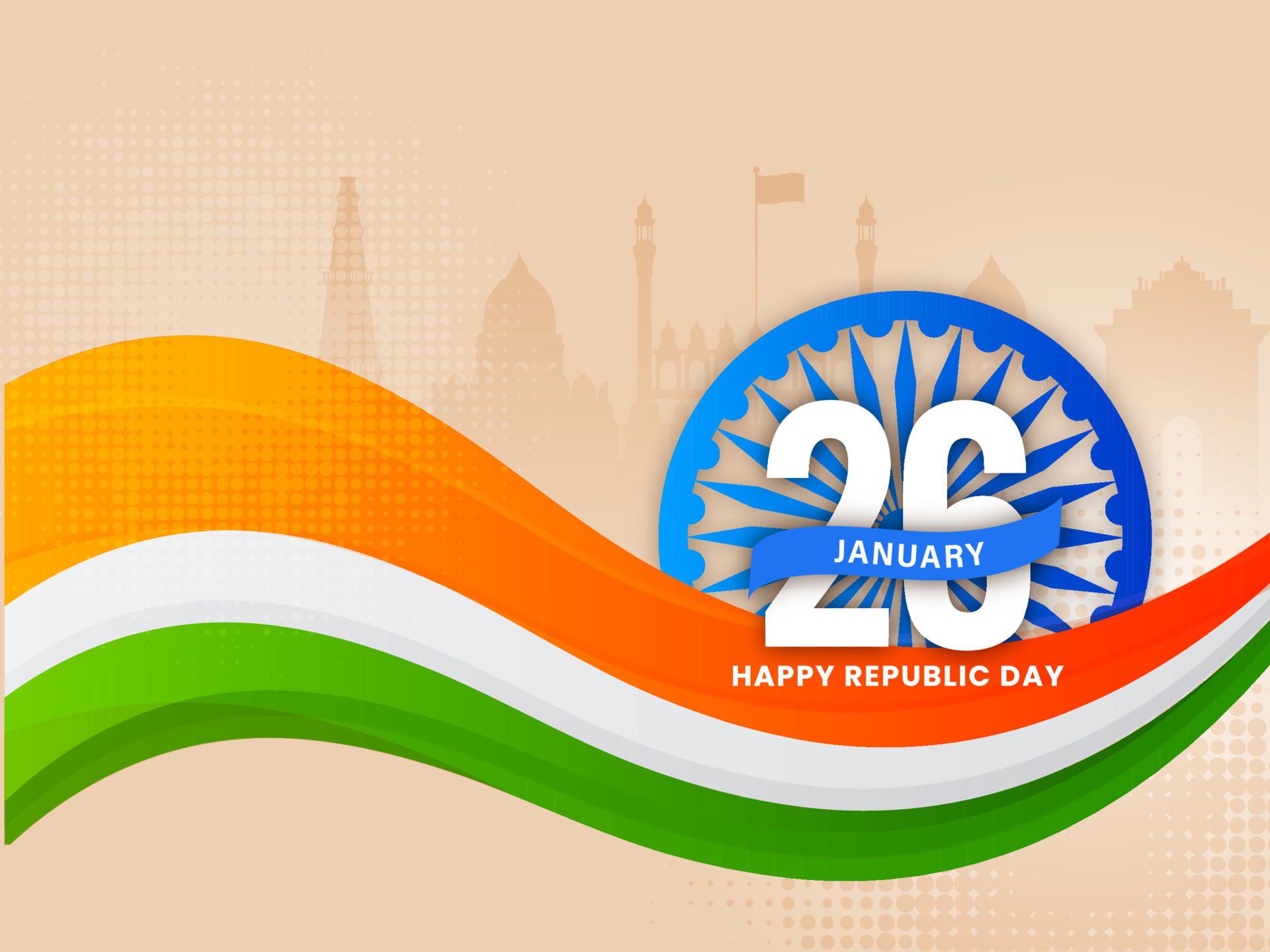 26th January Happy Republic Day Concept With Ashoka Wheel And Halftone ...