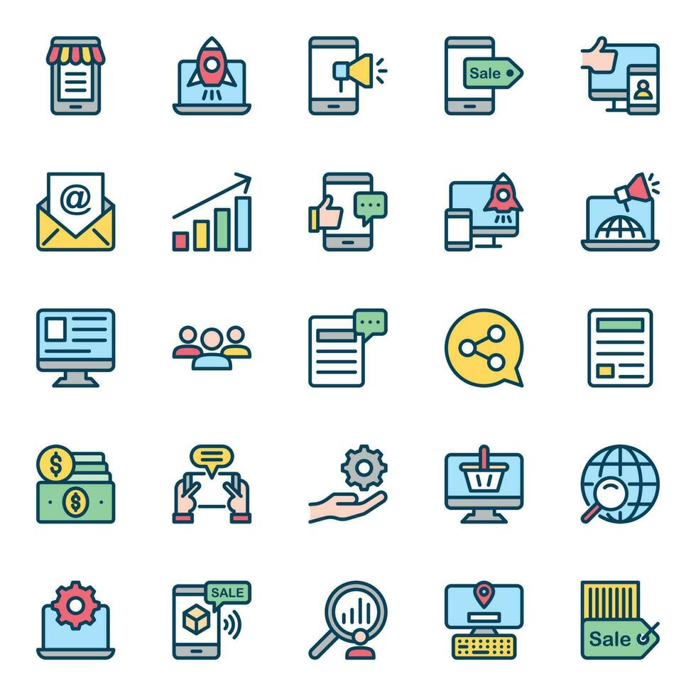 Filled color outline icons for Digital marketing. vector