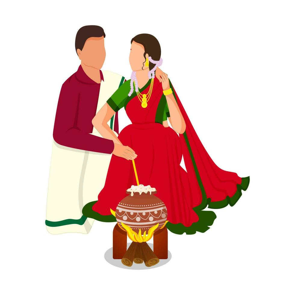 Faceless South Indian Couple Cooking Traditional Dish At Bonfire On The Occasion Of Pongal. vector