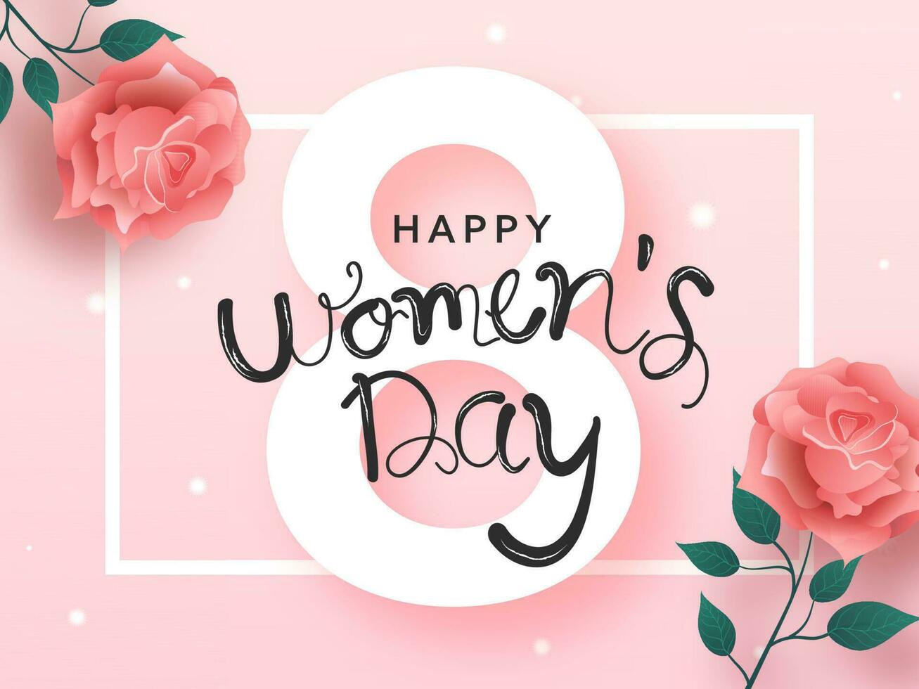 Happy Women's Day Font Over White 8 Number With Glossy Rose Flowers On Pink Background. vector