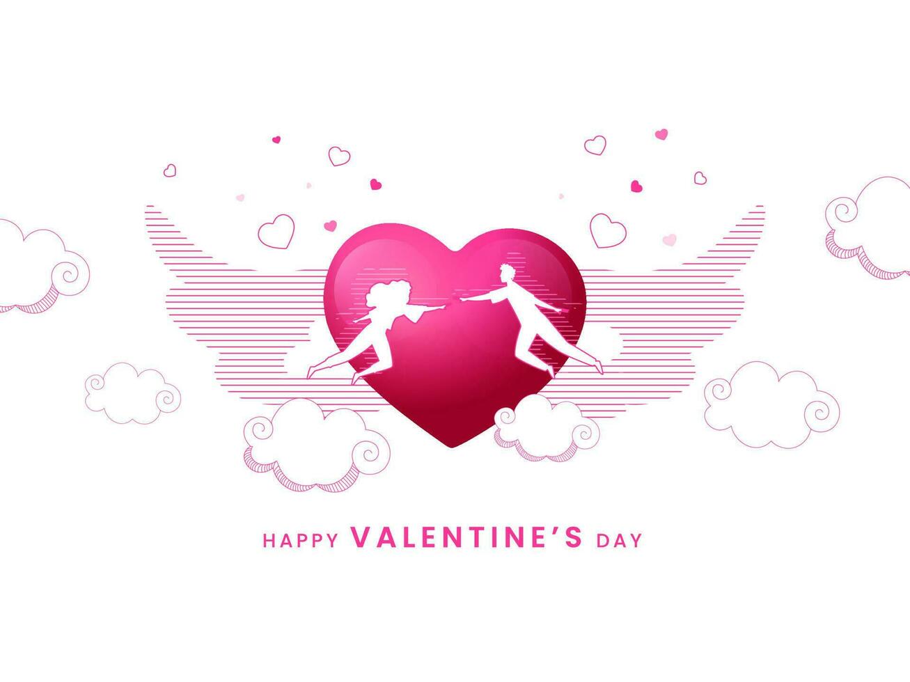 Happy Valentine's Day Concept With Silhouette Couple And Pink Glossy Heart Wings On White Background. vector