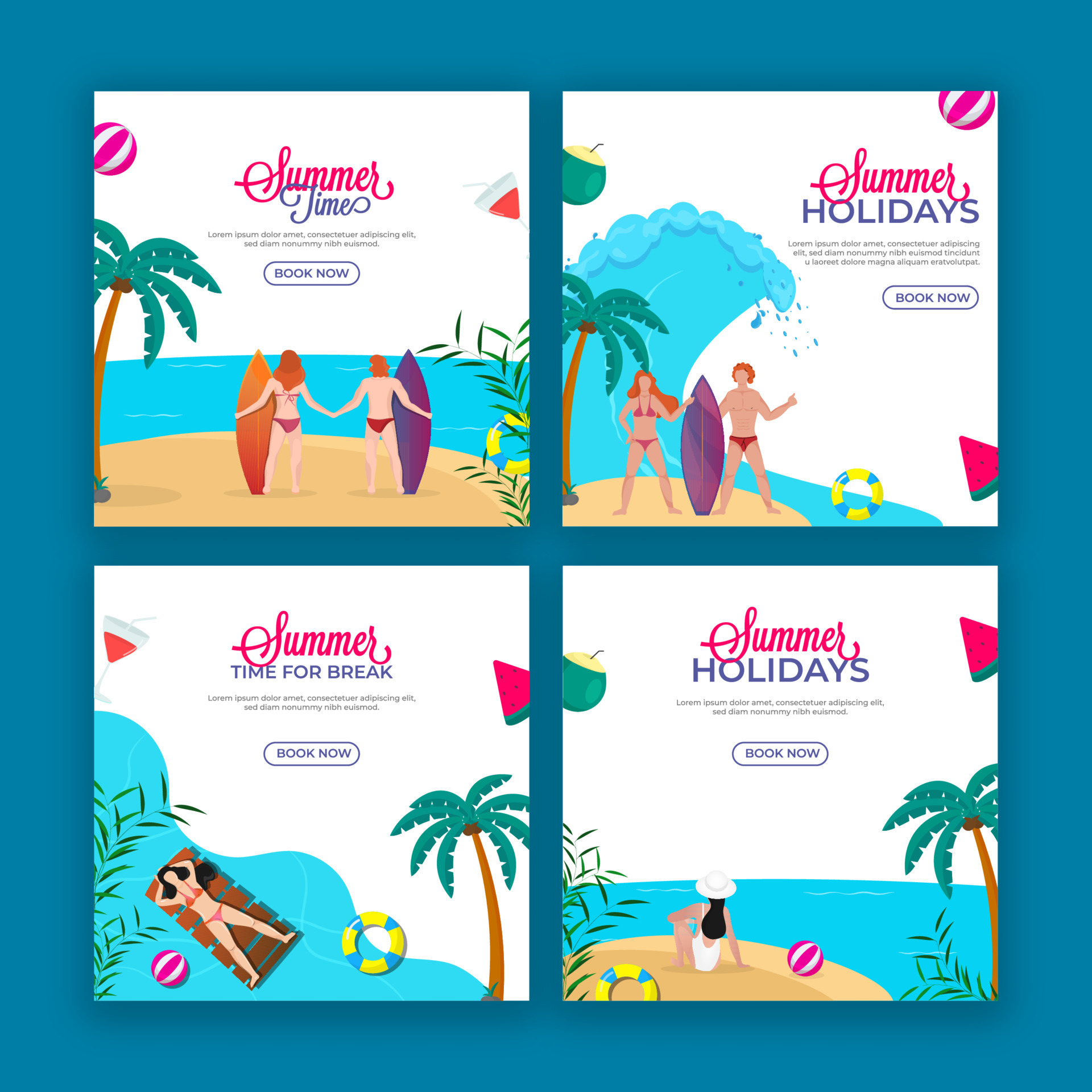 Summertime Holidays And Break Poster Design With Beach View In Four summertime-holidays-and-break-poster-design-with-beach-view-in-four