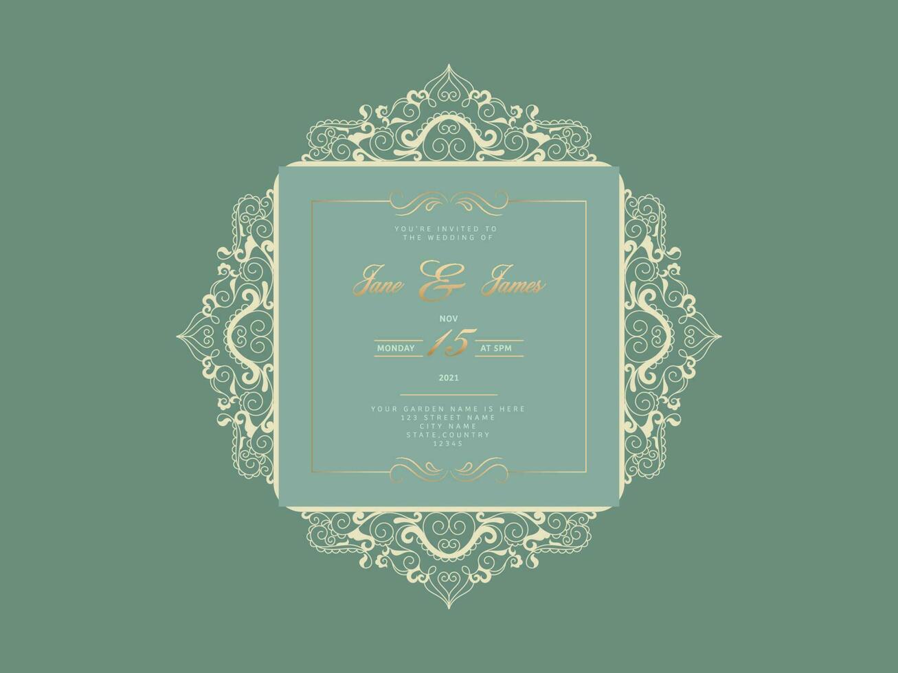 Elegant Wedding Invitation Card In Green Color. vector