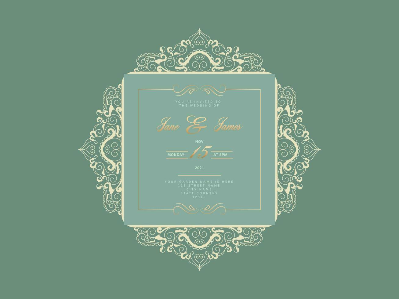 Elegant Wedding Invitation Card In Green Color. vector