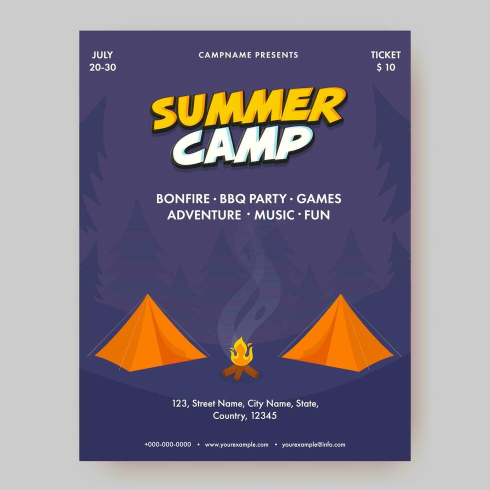 Summer Camp Template Or Flyer Design With Event Details For Advertising. vector