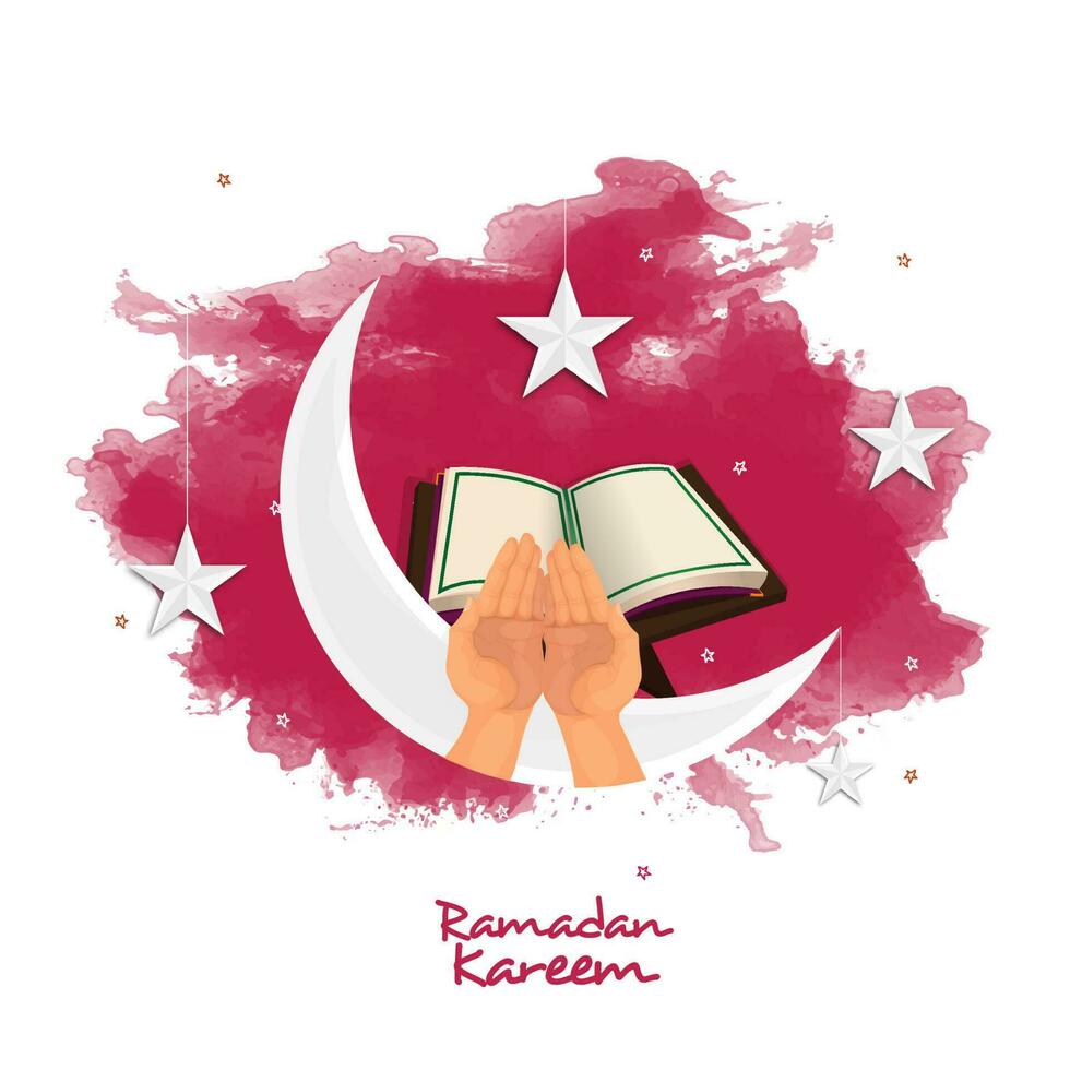 Ramadan Kareem Concept With Crescent Moon, Religious Praying Hands, Open Holy Quran Book, Star Hang And Red Watercolor Effect On White Background. vector