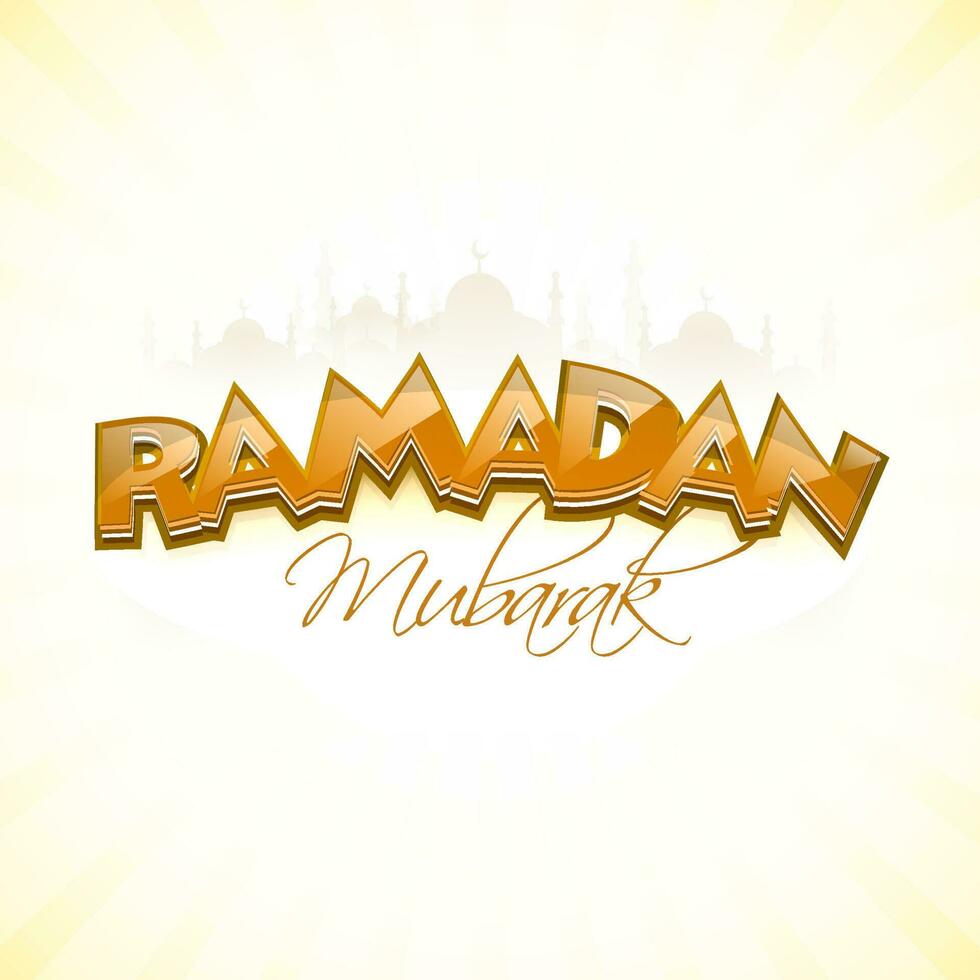 Brown Ramadan Mubarak Font On Silhouette Mosque Light Yellow Background. vector