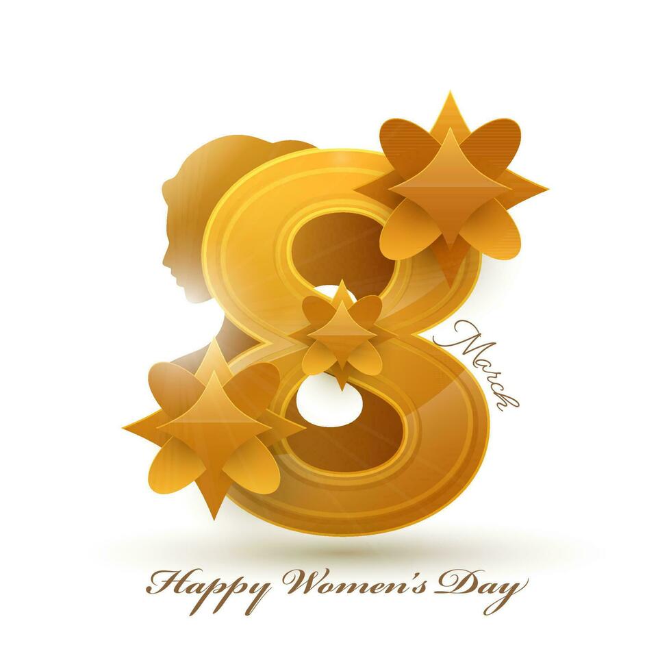 Golden 8 Number Of March With Flowers And Silhouette Female Face On White Background For Happy Women's Day Concept. vector