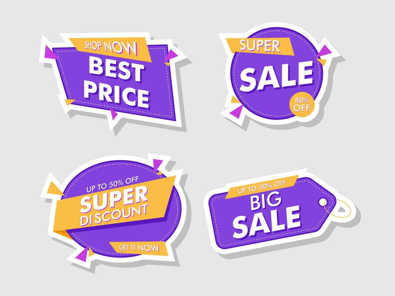 Sticker Style Best Price, Super Sale, Super Discount Label Or Tag With Different Offers On Grey Background. vector