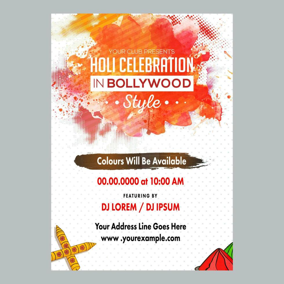 Bollywood estilo holi celebracion invitación tarjeta con resumen acuarela trama de semitonos efecto y evento detalles. vector