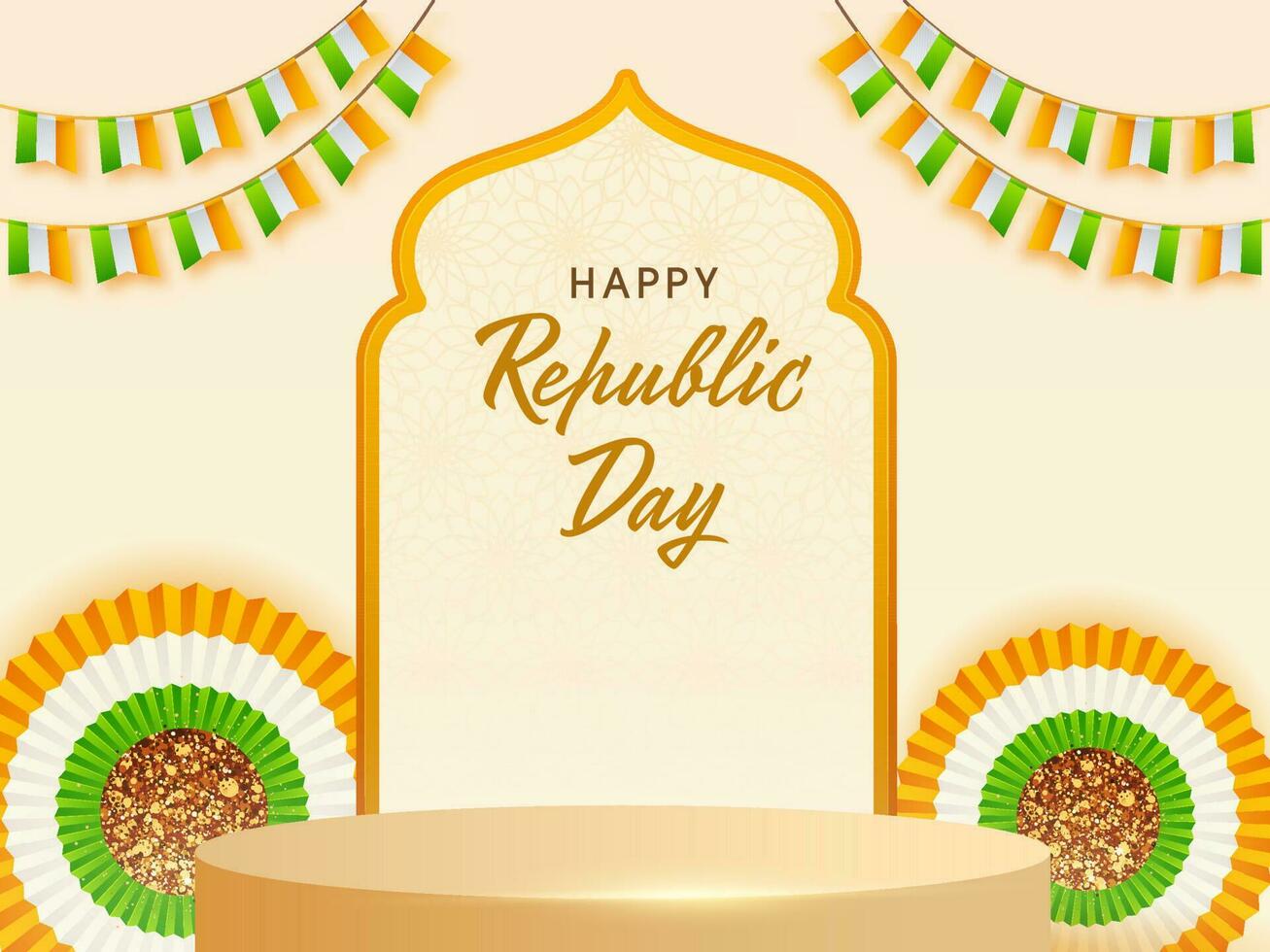 Happy Republic Day Font With Tricolor Paper Flower Or Badge, 3D Empty Stage And Bunting Flags On Cosmic Latte Background. vector