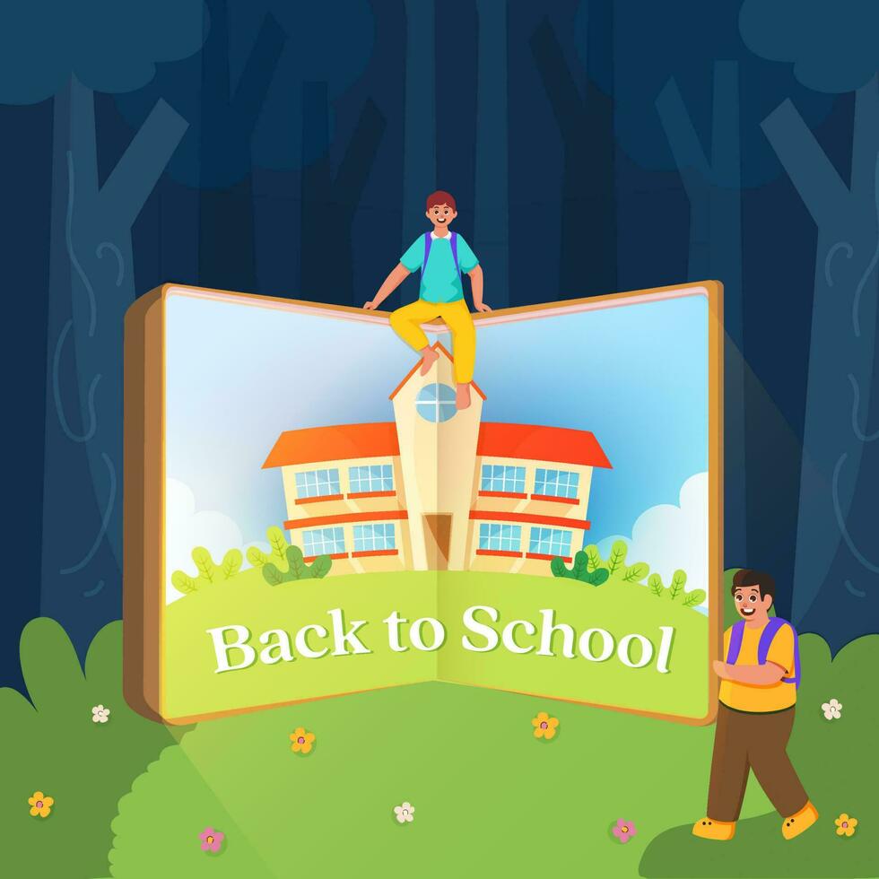 Back to school banner, happy school boys with story book for invitation, poster, banner, promotion,sale etc. School supplies cartoon illustration. vector