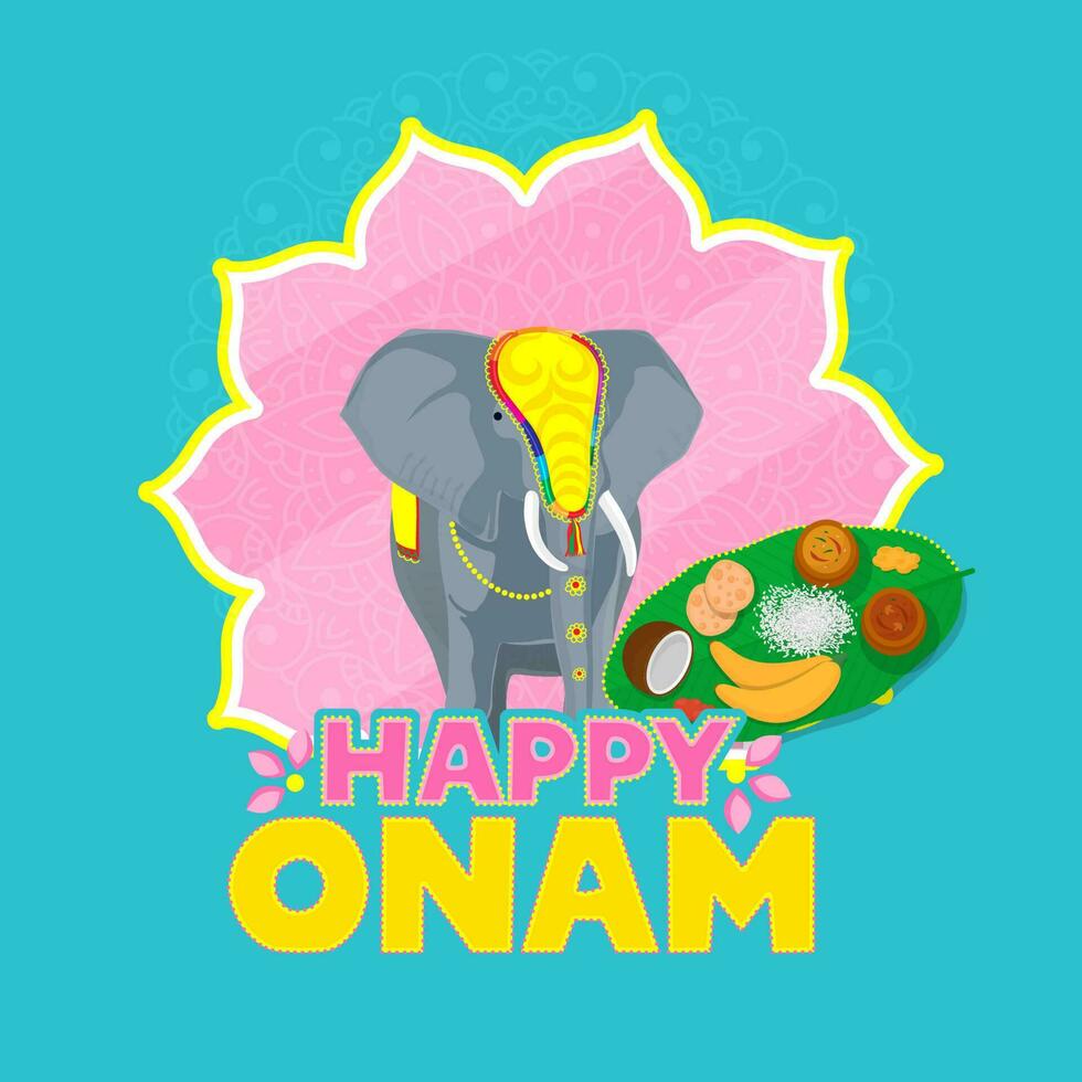 Happy Onam Celebration Concept With Elephant Animal, Sadya On Pink And Blue Background. vector