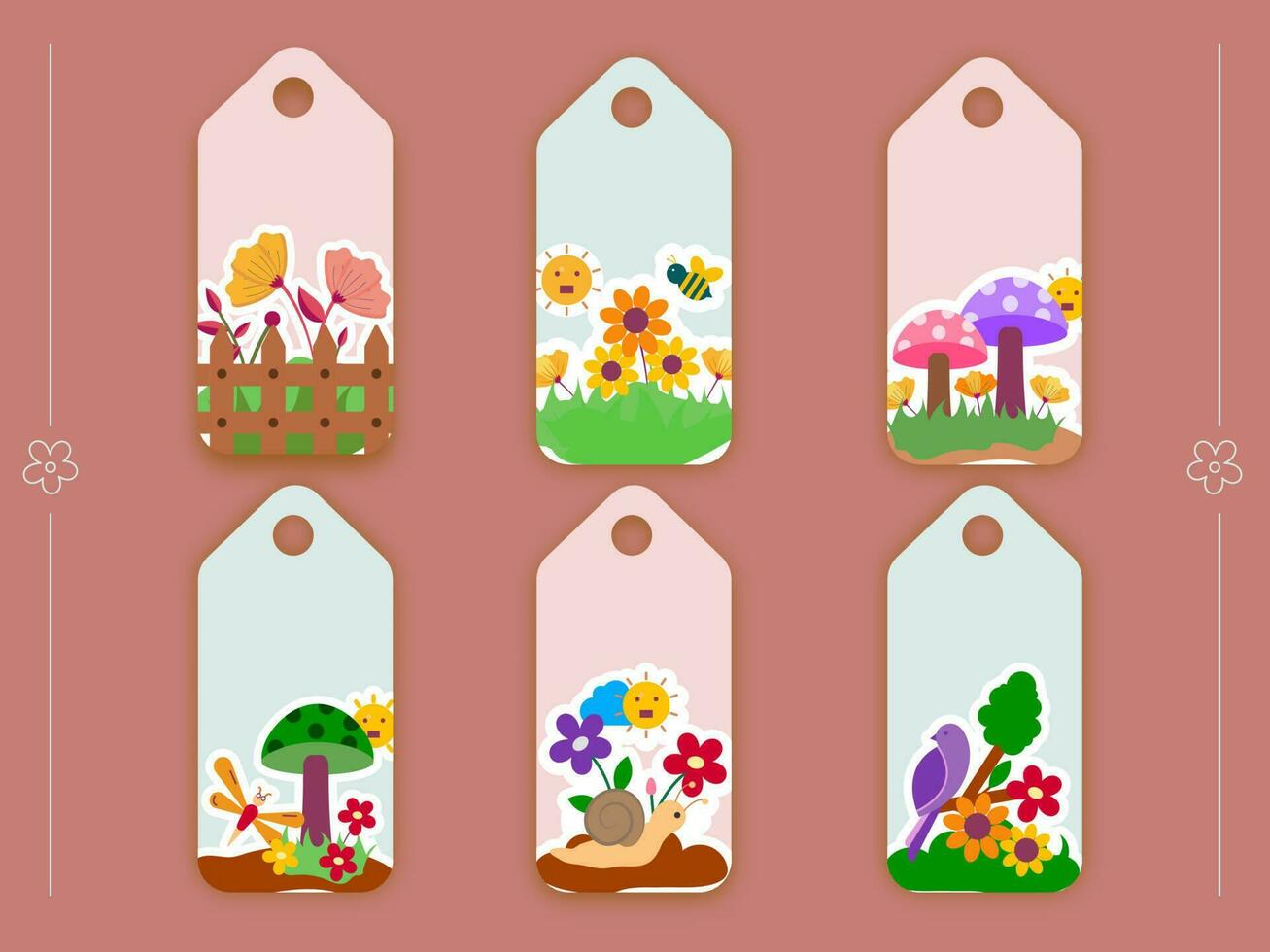 Spring Colorful Printed Tag Set On Peach Background. vector