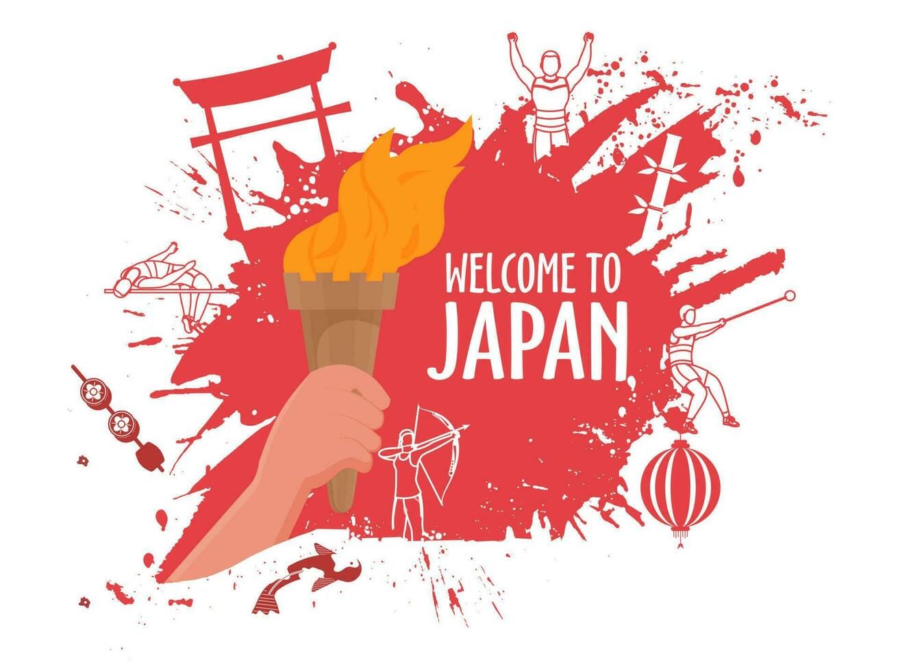 Bienvenido a Japón póster diseño con mano participación llameante antorcha y rojo cepillo carrera en blanco antecedentes. vector