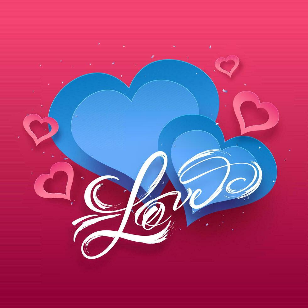 Love Font Written By White Paintbrush With Paper Cut Hearts On Pink Background. vector