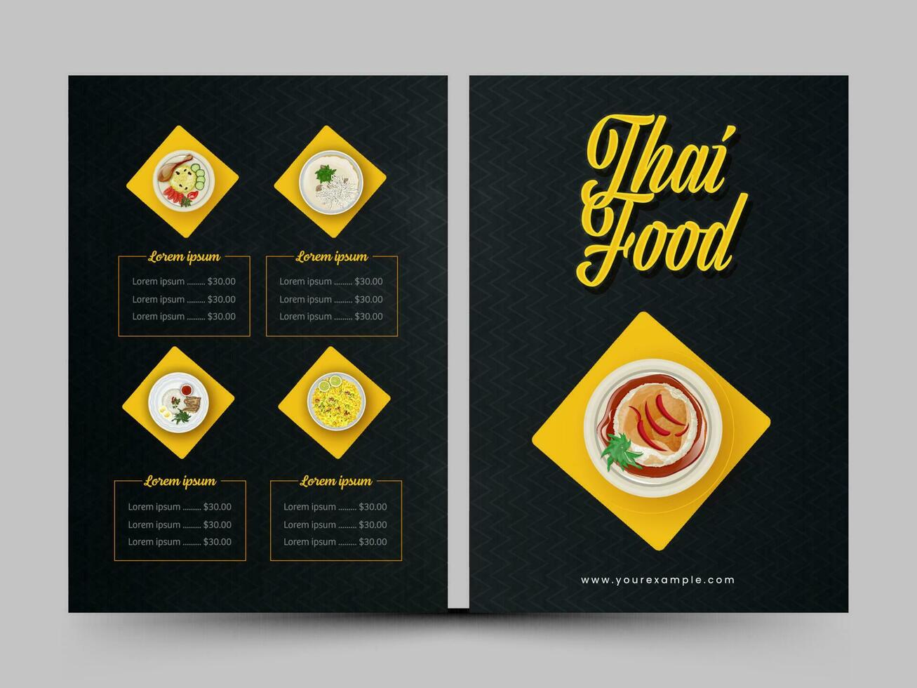 Double Sides Of Thai Food Menu Card Design With Presenting Dishes On Black Background. vector