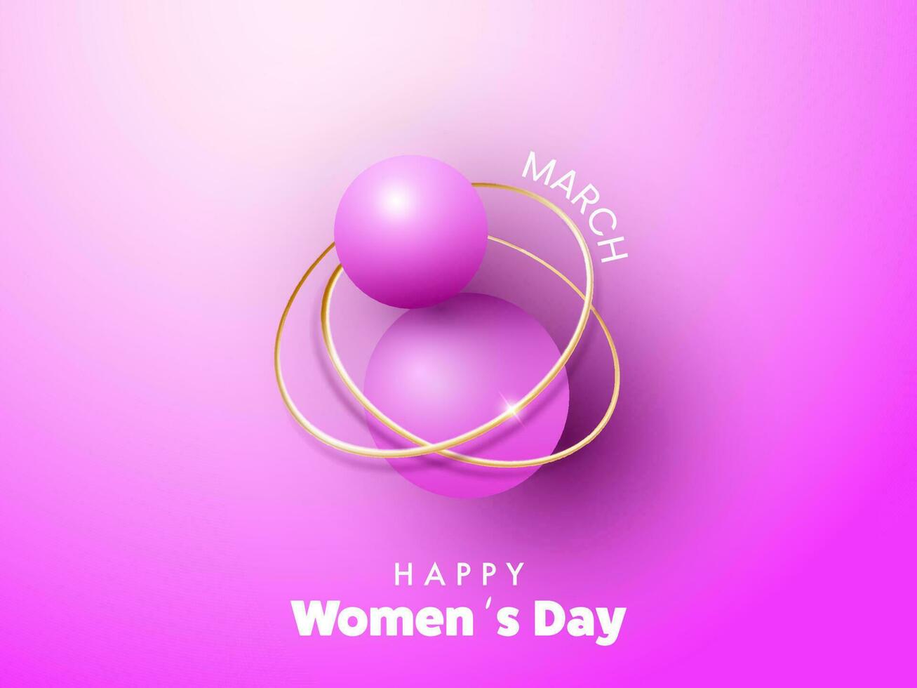 Happy Women's Day Concept With 8 Number Made By 3D Balls And Golden Circle Shapes On Glossy Pink Background. vector