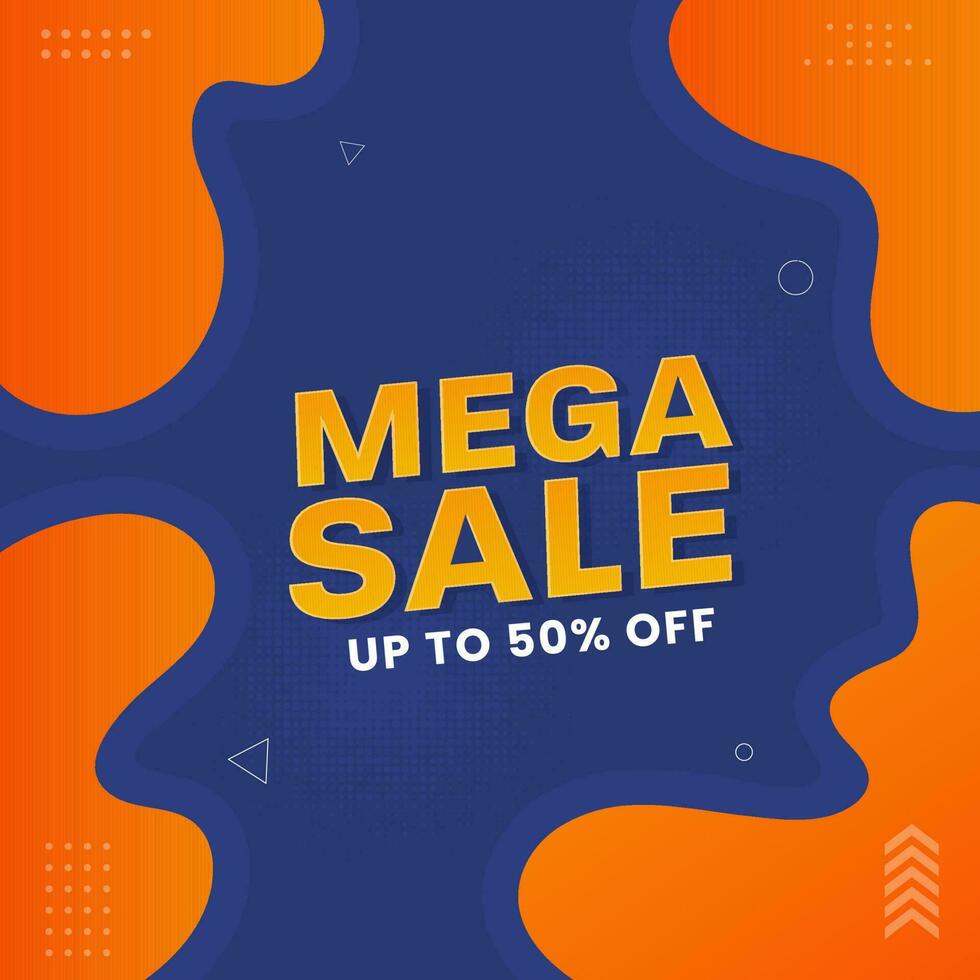 For Mega Sale Poster Design In Orange And Blue Color. vector