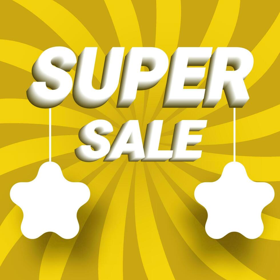 3D White Super Sale Text With Hanging Star Shaped Label Or Tags On Yellow Rays Background. vector