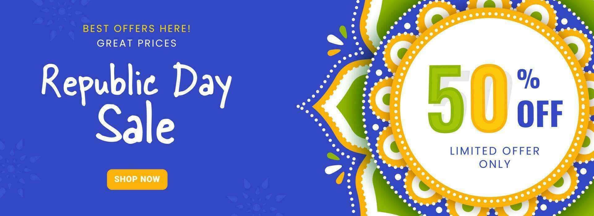 Republic Day Sale Banner Or Header Design With Discount Offer And Mandala Pattern On Blue Background. vector