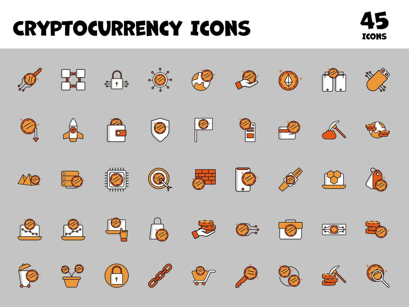 Orange And White Cryptocurrency Flat Icon Set On Grey Background. vector